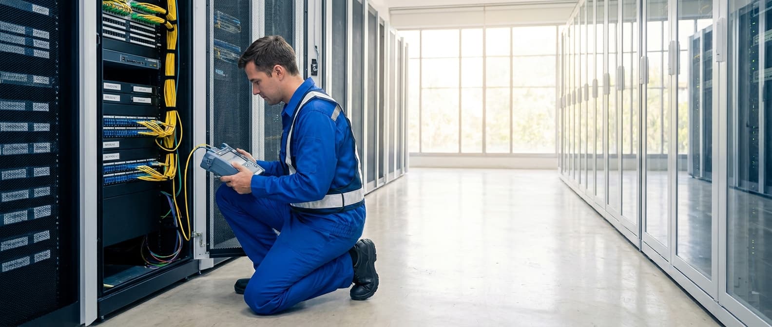 13 Wires technician testing fiber optic connections in a data center